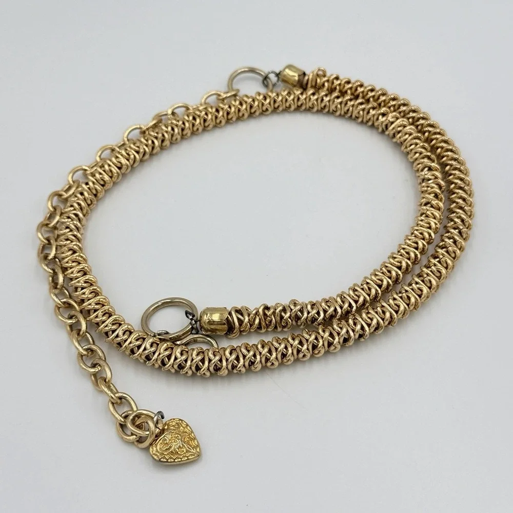 VTG Gold Tone Stretch Mesh Chain Belt Heart Charm Adjustable Boho Festival 33-56